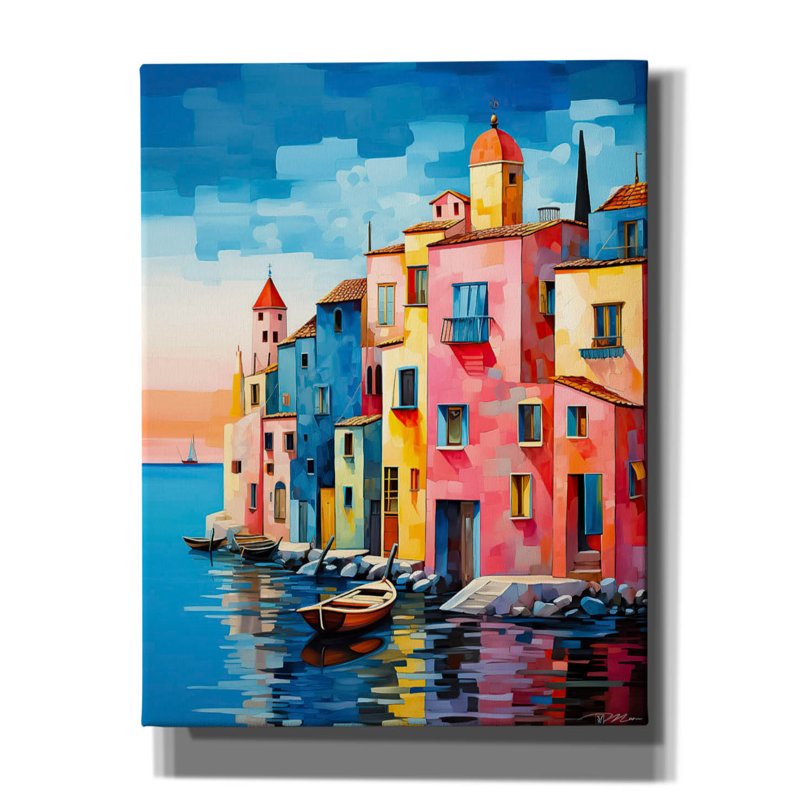 «Maisons sur la mer» par Momart, art mural sur toile, 26 po x 34 po, H 34 po x l 26 po x P 1,5 po