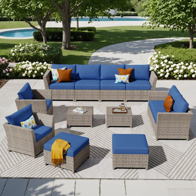 Ensemble de mobilier d'extérieur pour 10 personnes avec chaise, ensemble de conversation modulaire en rotin et osier avec coussins, ensemble de conversation avec canapé toutes saisons et foyer extérieur pour jardin