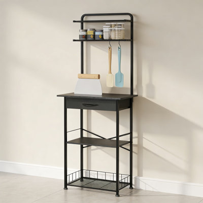 5-Tier Bakers Rack With Storage Cabinet And Fabric Drawer, Kitchen Organizer Stand For Coffee Bar, Microwave, Appliances And Spices, Space-Saving Metal Frame Design