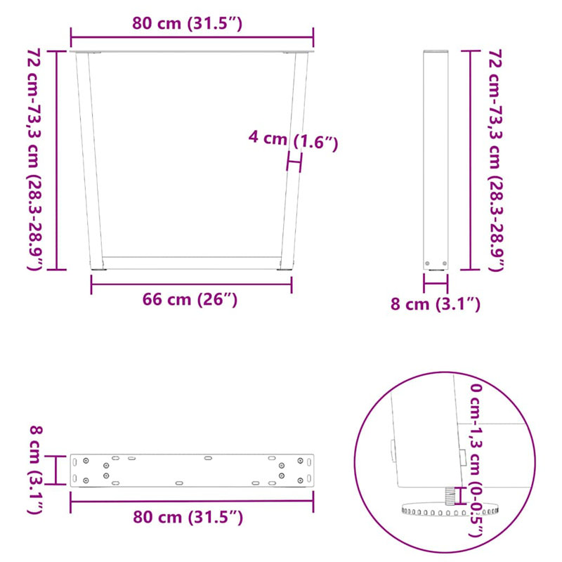 Table Leg, 73.3cm H x 80cm W, Natural