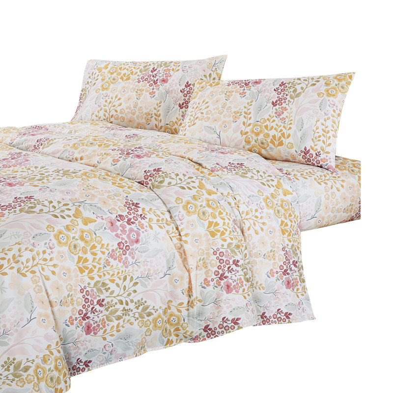 Floral Printed Sheet Set, Queen Sheet Set with 2 Pillowcases, Yellow/Pink Floral