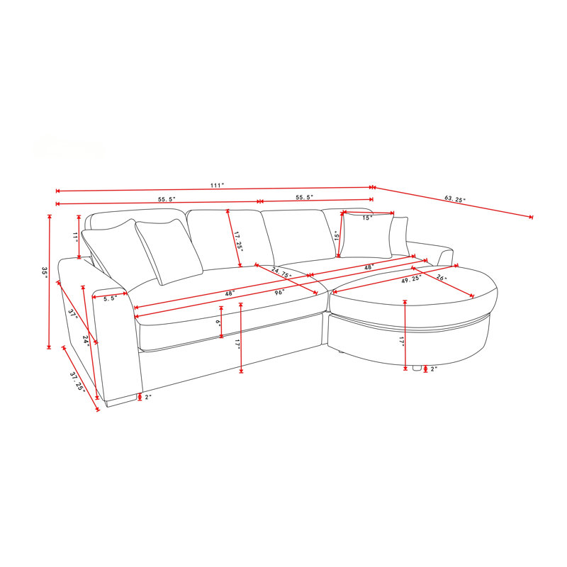 Canapé 111 po en velours côtelé avec repose-pieds demi-cercle, Gris foncé