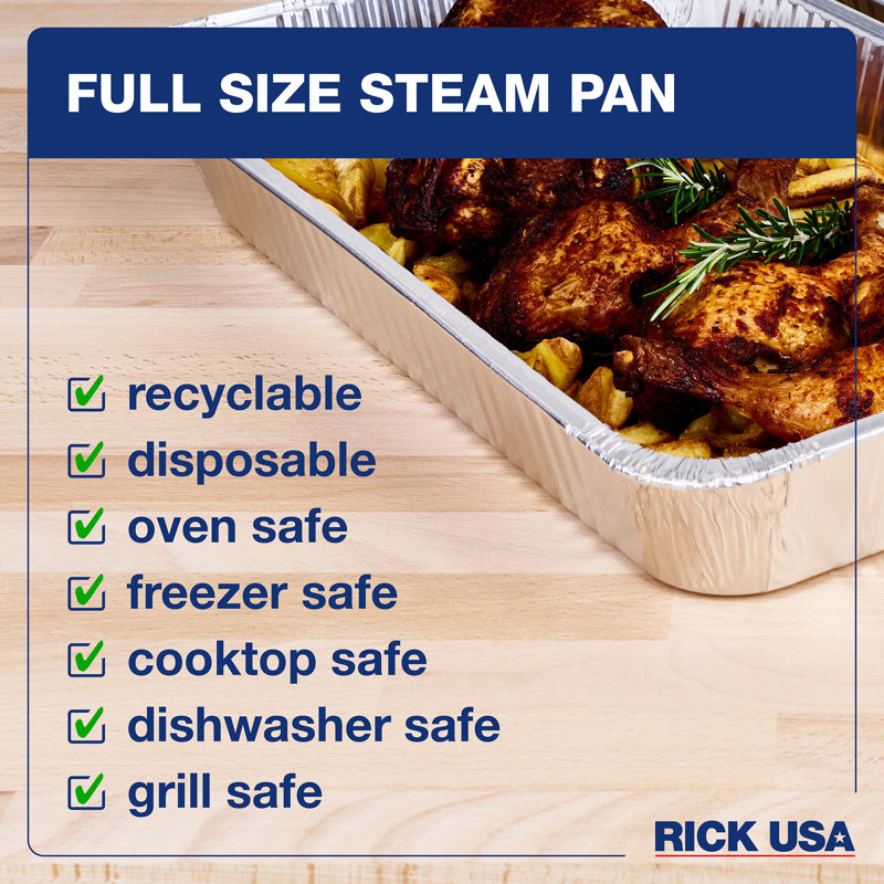 RICK USA: casserole à vapeur pleine grandeur - paquet de 10 - papier d'aluminium jetable 19,5 x 11,6 po, cuisson, cuisson, durable, gril-four-congélateur-lavable au lave-vaisselle, recyclable