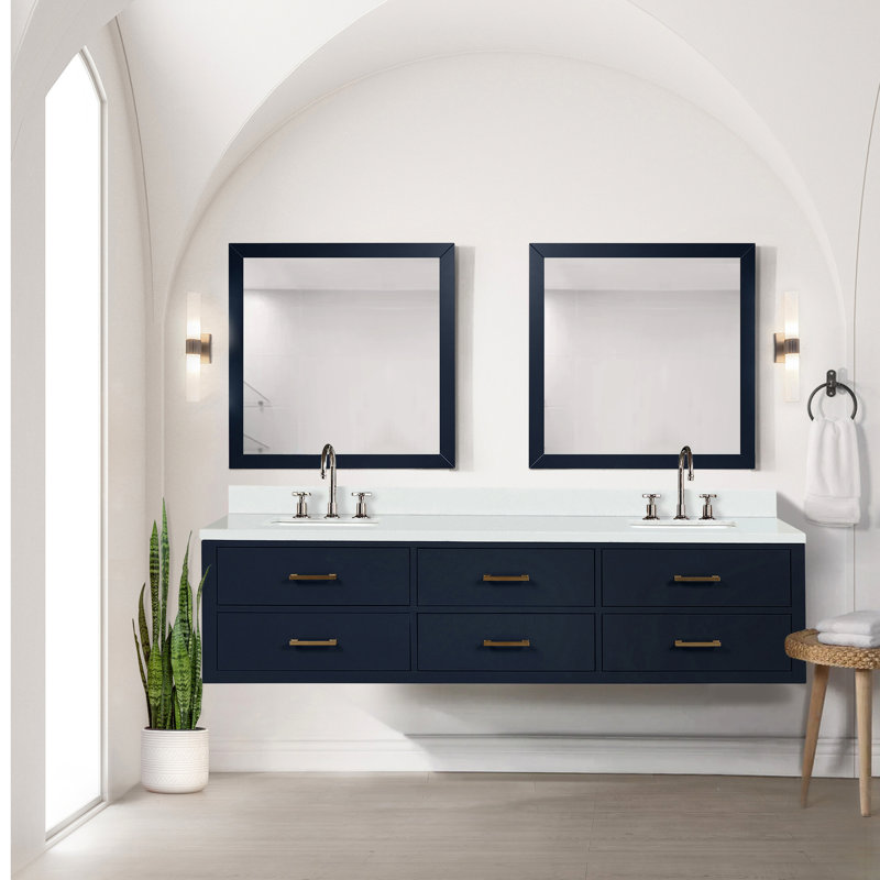 80 po L x P 22 po, meuble-lavabo double bleu, comptoir en quartz blanc, robinet, 36 miroirs