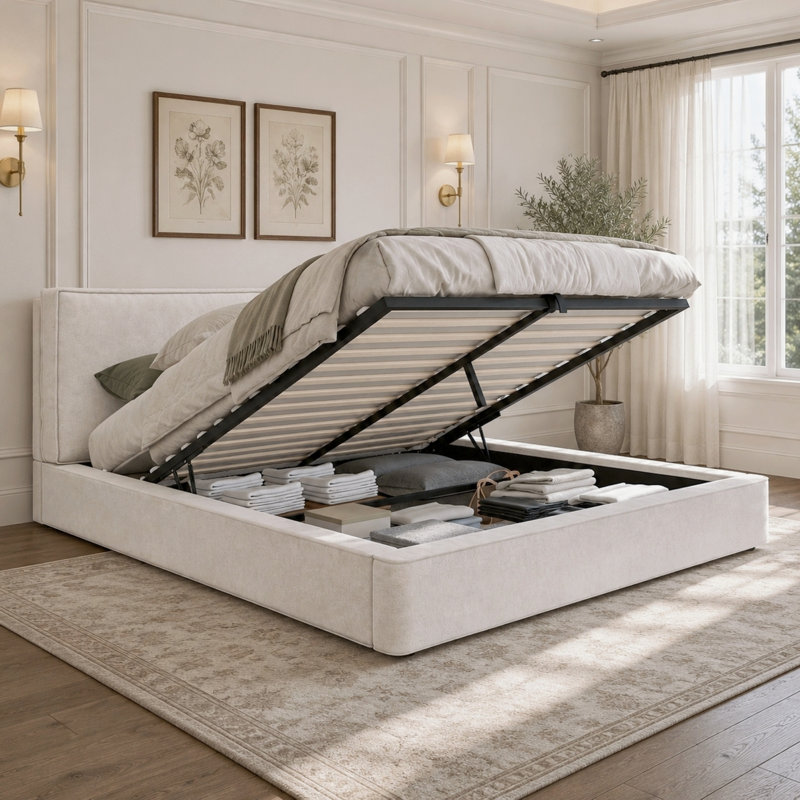 Ottoman Storage Bed Frame Hydraulic Lift-Up Storage Upholstered Bed, Kingsize (5')