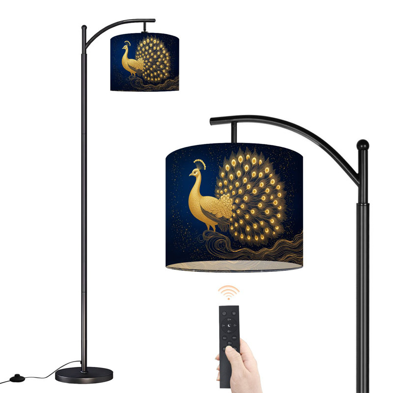 Lampe sur pied à arc avec abat-jour réglable Golden Peacock Flowing Tail Blue Lampadaire 3 températures de couleur à intensité variable pour lampe