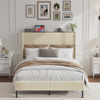 Structure de lit plateforme double en métal avec station de charge, sommier robuste, pas de sommier, beige