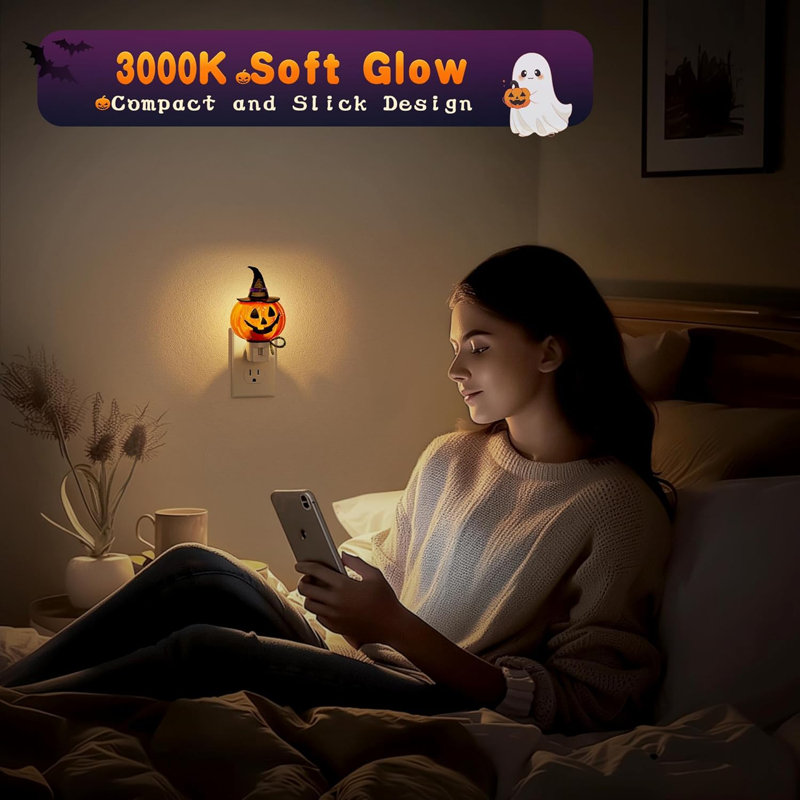 Veilleuse Halloween chapeau de sorcière citrouille avec cordon vert et lumière chaude 3000K