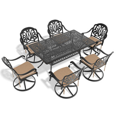 Ensemble de salle à manger 7 pièces en fonte d'aluminium toutes saisons, comprenant 6 chaises pivotantes et une table rectangulaire avec cadre noir
