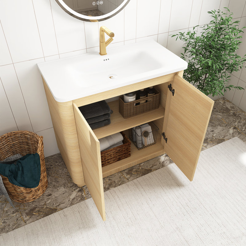 Meuble-lavabo de salle de bain autoportant en chêne blanc 36 po avec lavabo en céramique blanche et 2 portes à fermeture en douceur, contreplaqué