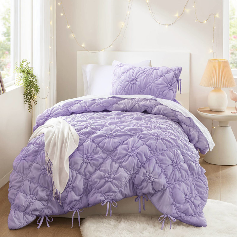 Édredon pour lit simple 2 pièces avec broderie décontractée, ruché élastique, adaptabilité toutes saisons, entretien lavable à la machine, cravates florales, étreinte douce, chaleur légère, standard