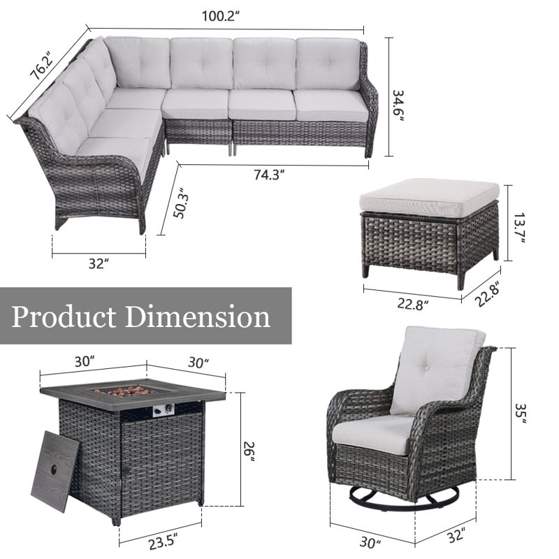Bonia 10-Person Outdoor Sectional Seating Group with Cushions, Gris, gris