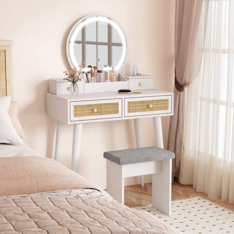 Coiffeuse en rotin naturel Iesa Boho avec miroir DEL et tabouret, White