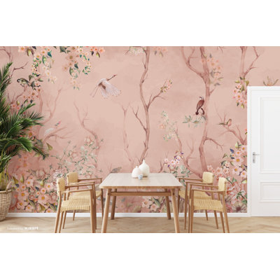 Papier peint fleurs de cerisier et oiseaux, sérénité florale pastel