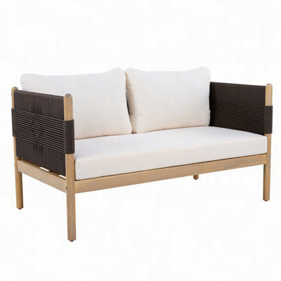 Outdoor Acacia Wood Loveseat with Diamond Rope Weave & Cushions