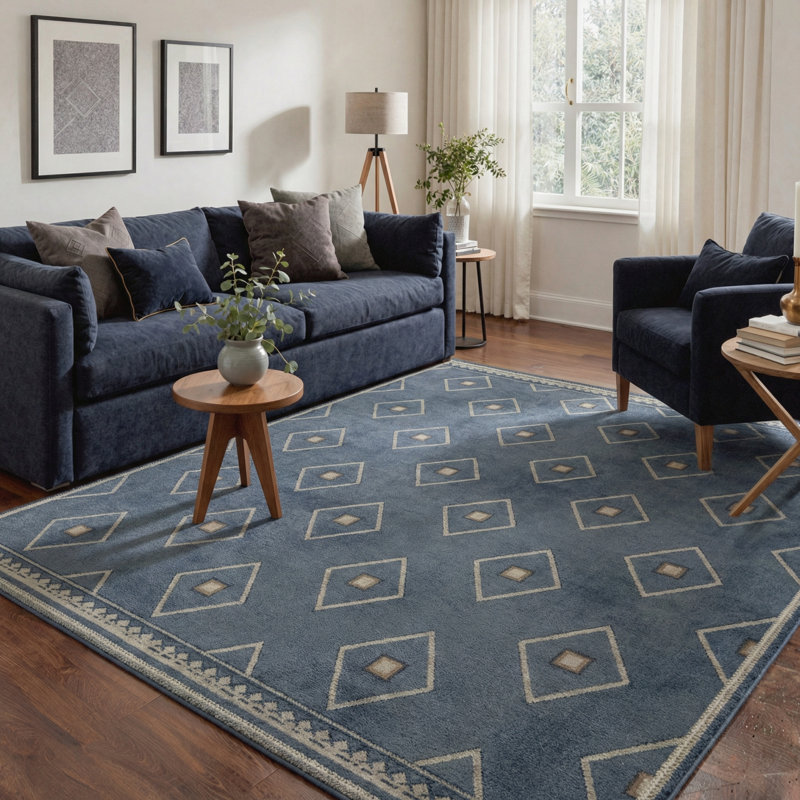 Zenia Boho Oriental Machine Washable Blue / Beige Indoor Area Rug with Non-Slip Backing, Rectangle 8' x 10'