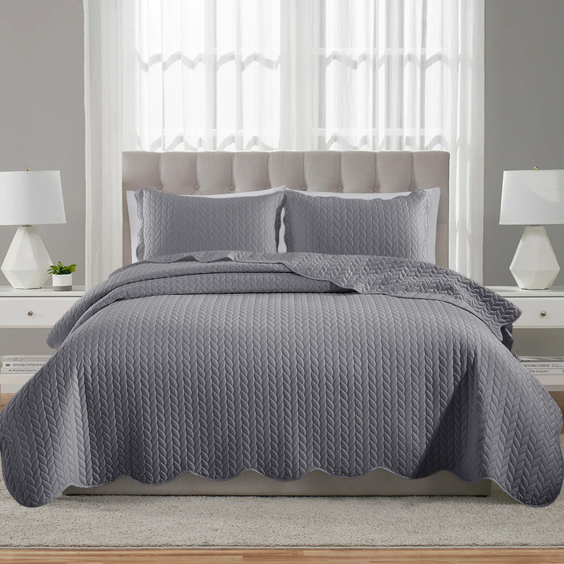 Microfiber Embossed Bedspread Set, Gray, California King Bedspread + 2 King Shams