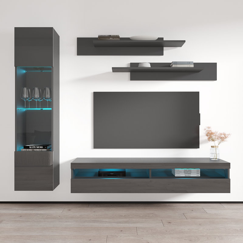 Lovelace 85" Modern Floating Wall Mounted Entertainment Center with 16-Color LED Lighting, High Gloss Finish, Gray