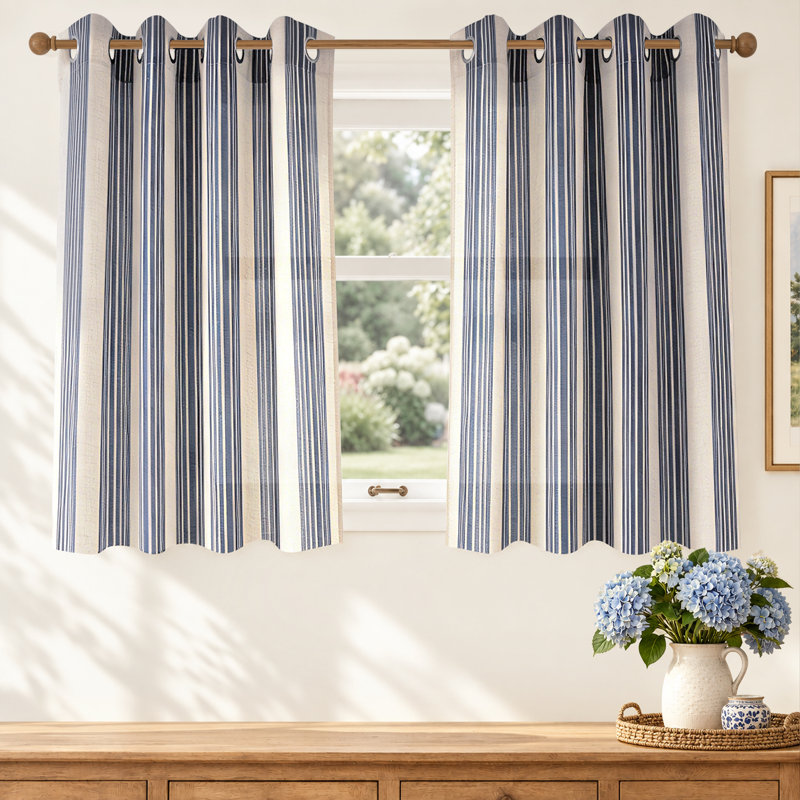 Rideaux semi-transparents en lin avec motif à rayures Chris, Bleu marine foncé, L 52 po x L 36 po