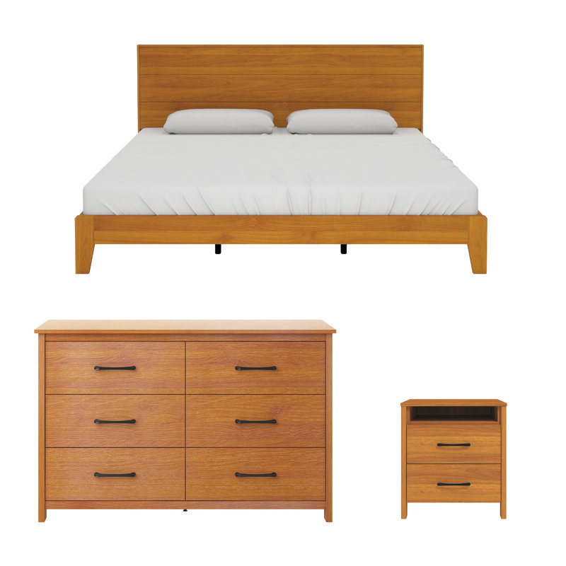 Ensemble de chambre à coucher moderne 3 pièces Allysyn, Noyer ambré, Très grand