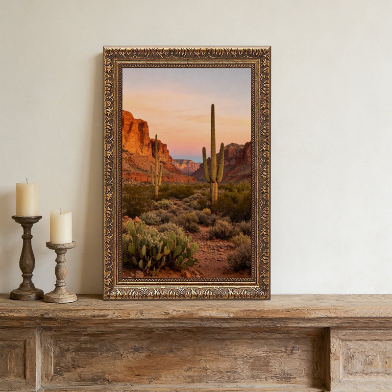 Désert coucher de soleil avec cadre mural rétro - cadre décoratif doré pour art., L 20 po x l 30 po