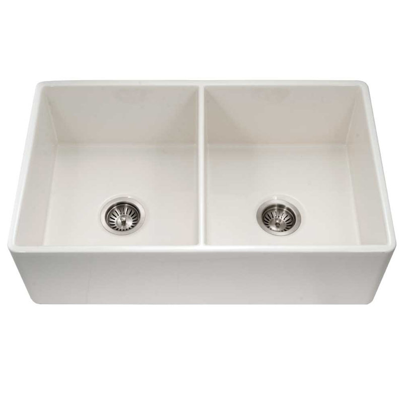 Platus 33'' L Double Bowl Fireclay Kitchen Sink, Biscuit