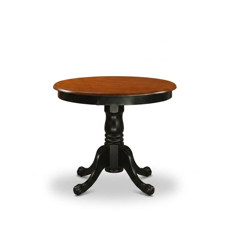 Ensemble de cuisine et salle à manger 3 pièces en bois massif noir d'inspiration asiatique : chaises rondes à pieds piédestal et dossier à lattes.