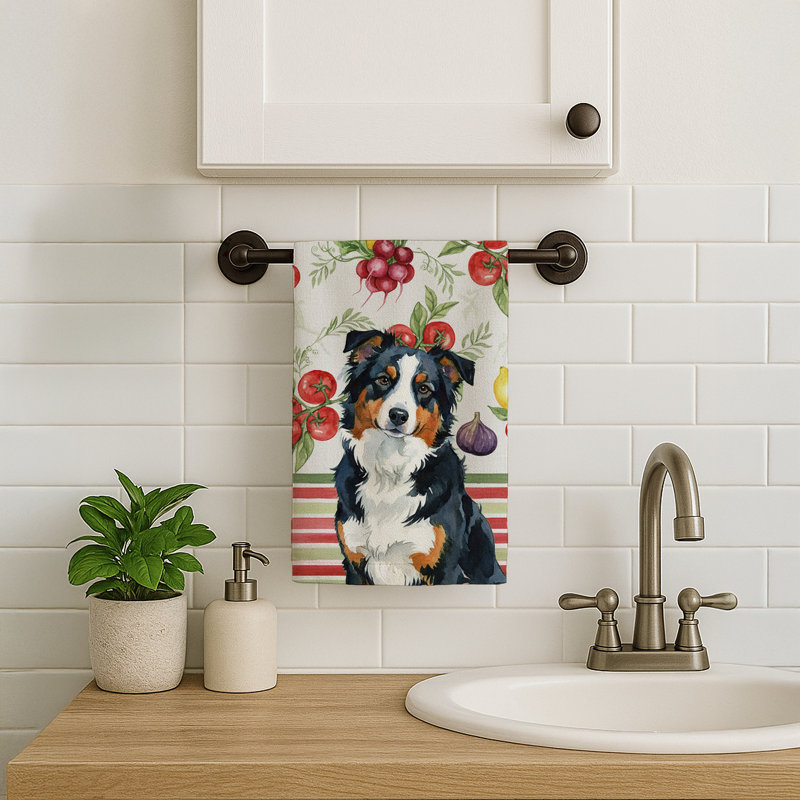 Black Tri American Shepherd Vegetables Kitchen Towel, Black Tri American Shepherd