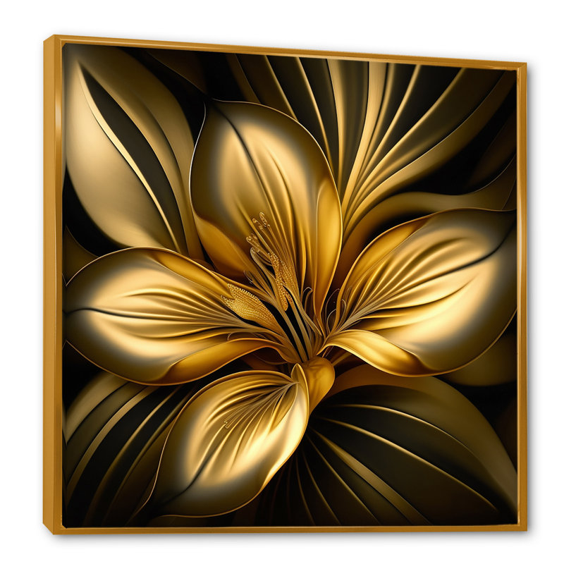 Lily, art mural floral, décor botanique doré - lis doré I, H 16 po x l 16 po x P 1 po, Toile avec cadre flottant or