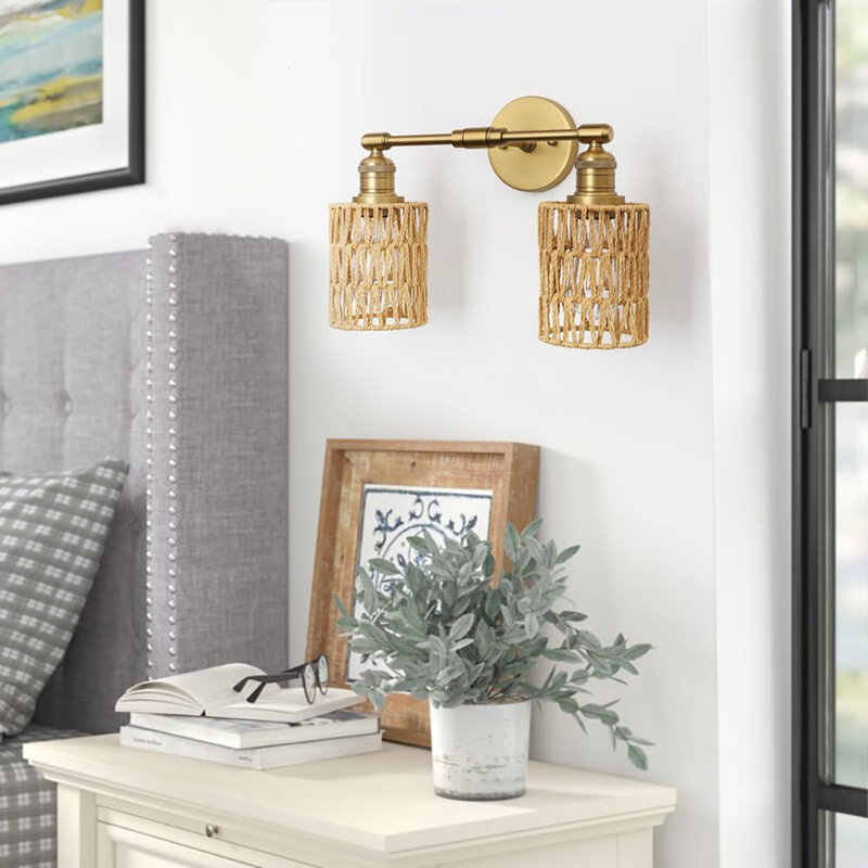 Rattan Wall Sconce Light - Hand-Woven Boho Vintage Wall Lamp With Braided Rope Shade, Hardwired Indoor Fixture For Bedroom, Bathroom, Reading Nook