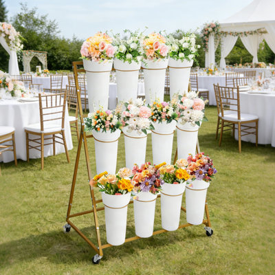 3-Tier Metal Flower Stand with 12 Removable Round Buckets and Wheels – Multi-Layer Indoor & Outdoor Plant Display Rack – Mobile, Heavy Duty, for Florist Shop, Patio, Garden, Wedding