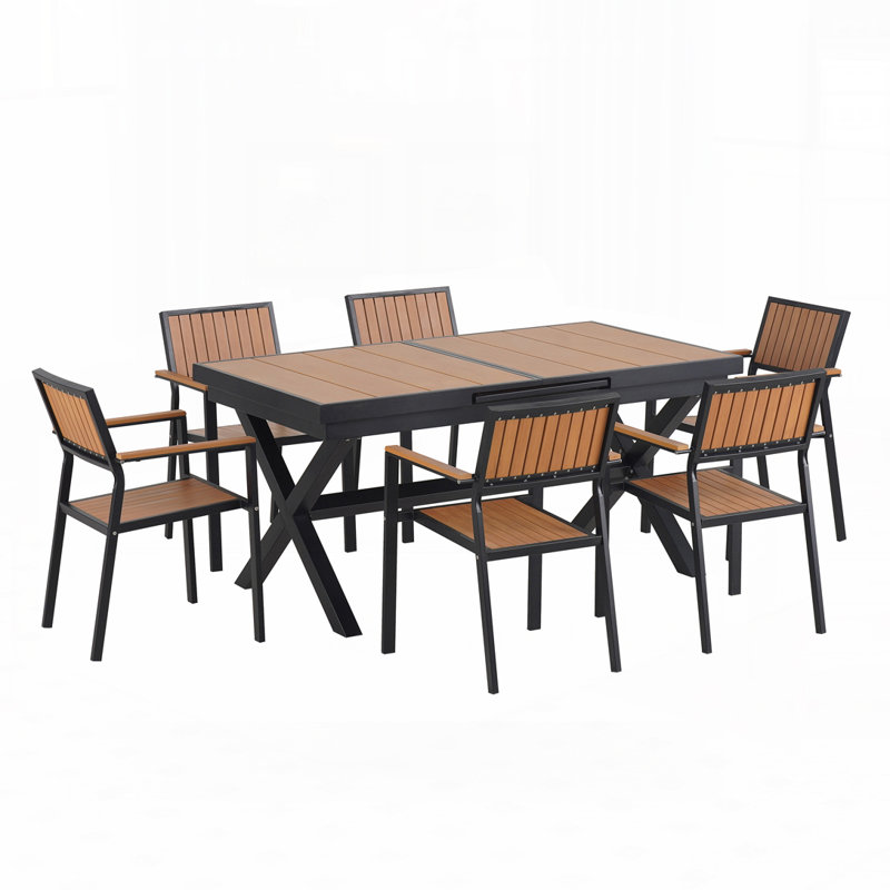 Ensemble repas de patio en fer 7 pièces avec 6 chaises Embellish, Noir / brun