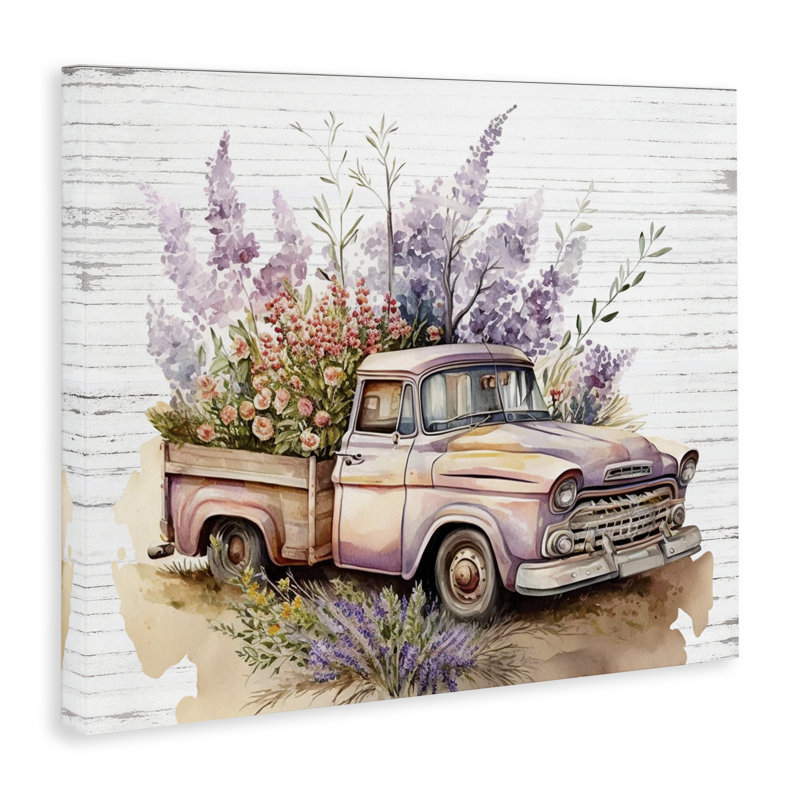 Art mural lavande sur toile camion rempli de lettres et de lignes, H 16 po x l 20 po