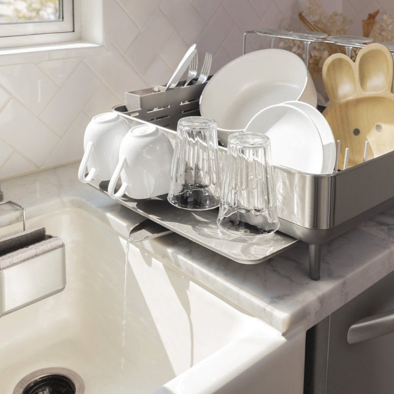 simplehuman Kitchen Dish Drying Rack with Swivel Spout, Fingerprint-Proof Stainless Steel Frame, Brushed