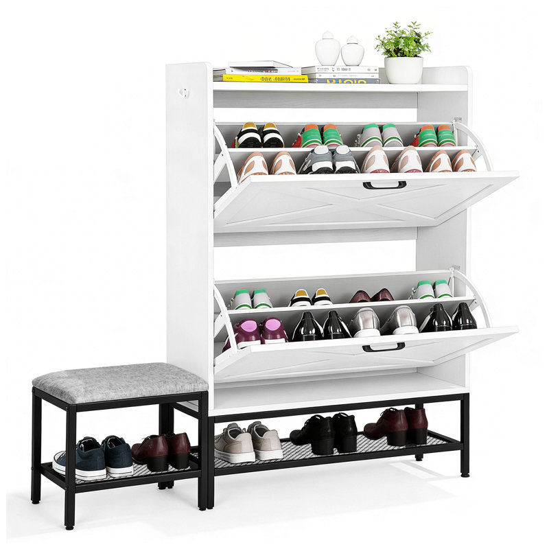 22 Pairs Barn Door Style Shoe Cabinet with Flip-Down Racks and Padded Bench, White