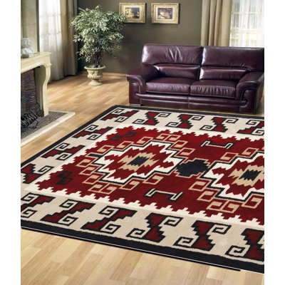 Tapis tribal en laine touffeté à la main rouge et beige 5 pi x 8 pi - motif médaillon géométrique du sud-ouest