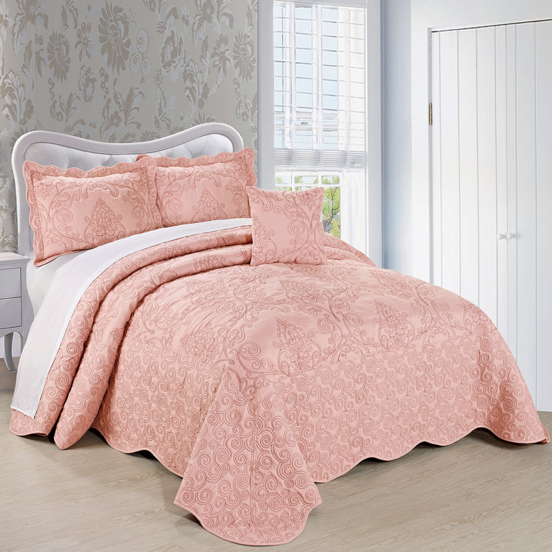 4 Piece Damask Oversized Embroidery Bedspread Set, Queen Quilt + 2 Queen Shams + Throw Pillow, Dusty Pink
