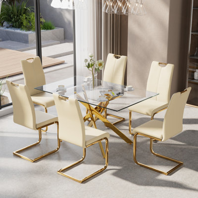 Ensemble de table de salle à manger 51 pouces en verre, ensemble de table de cuisine moderne avec chaise rembourrée en cuir polyuréthane à haut dossier pour la salle à manger de cuisine