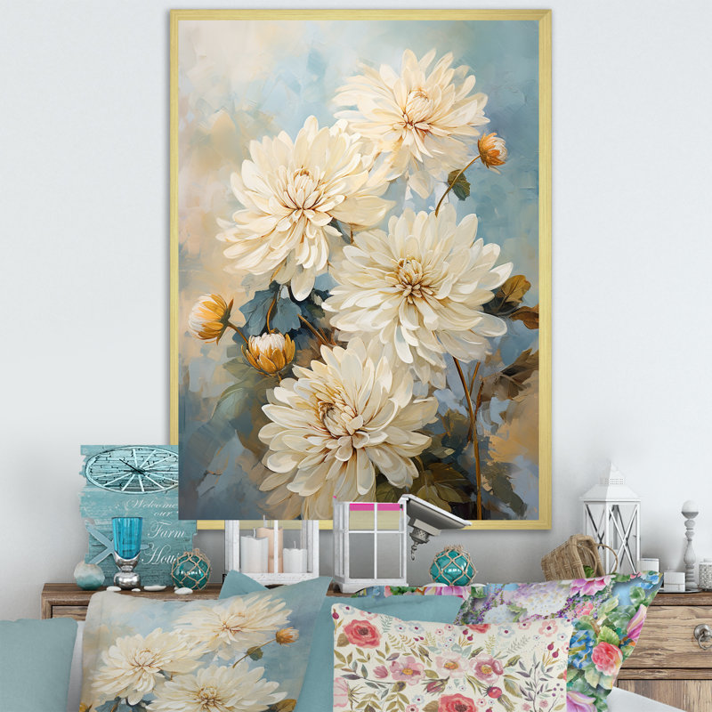 «Beige Mums In Bouquet Bliss», reproduction sur toile, Cadre doré simple, H 20 po x l 12 po x P 1 po