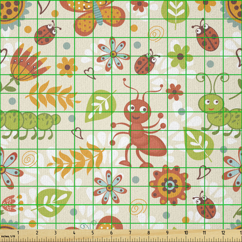 Crimins Jolly Smiling Cartoon Caterpillar and Ants with Spring Flowers and Leaves Multi-Purpose Fabric