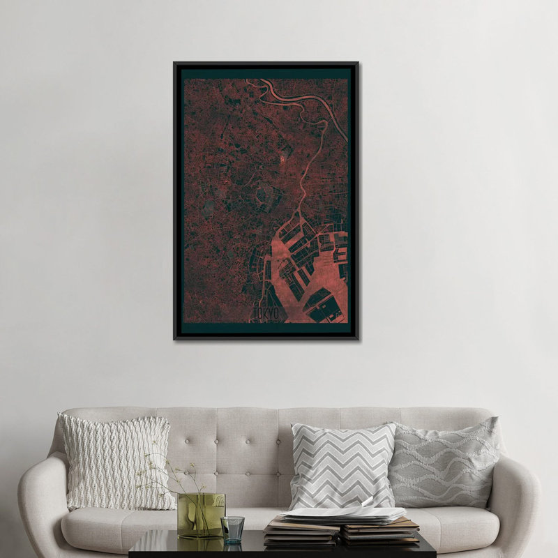 «Tokyo Infrared Urban Blueprint Map», impression sur toile, H 26 po x l 18 po x P 1,5 po, Toile avec cadre noir, Pas de tapis