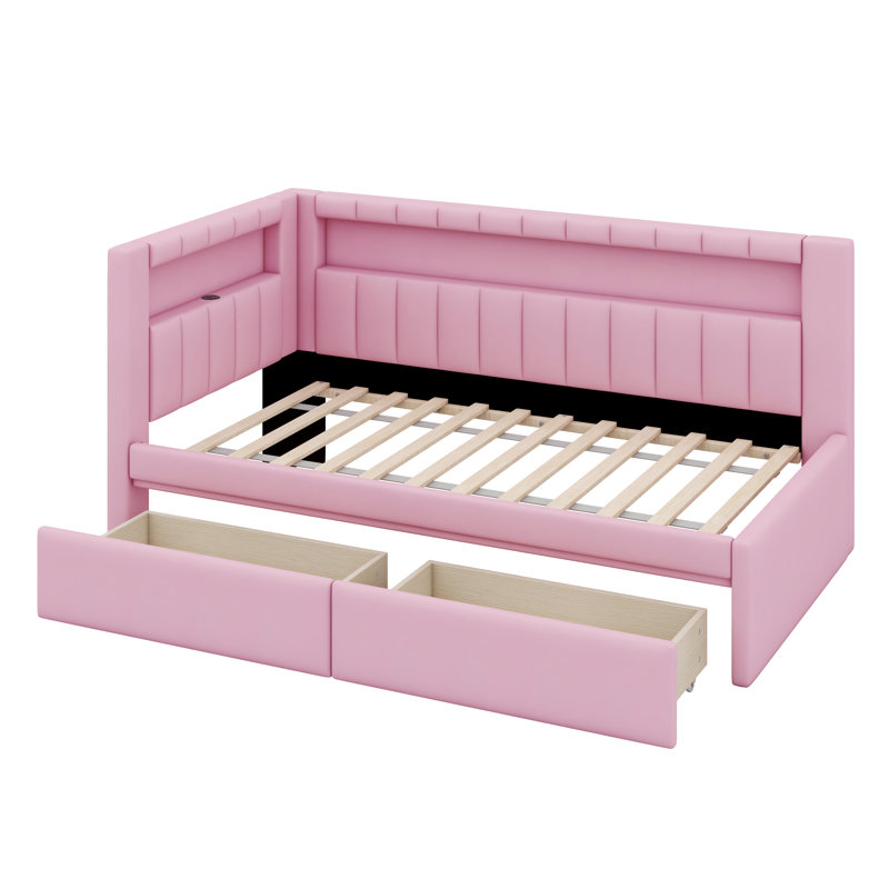 Upholstered Platform Daybed With Two Storage Drawers, Upholstered Bed Frame With USB, Pink