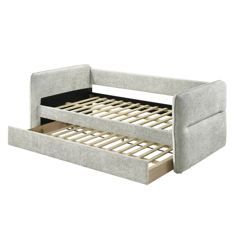 Luxueux lit de jour moderne 1 pièce avec lit gigogne escamotable et capitonné avec garniture cloutée et mobilier de salon gris clair