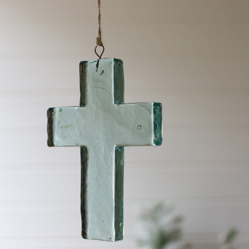 Croix en verre vert faite à la main, attrape-soleil, ornement à suspendre pour fenêtre ou mur, 15 cm