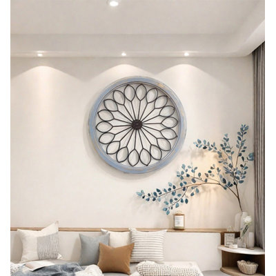 French-style retro distressed wooden and iron round wall decoration