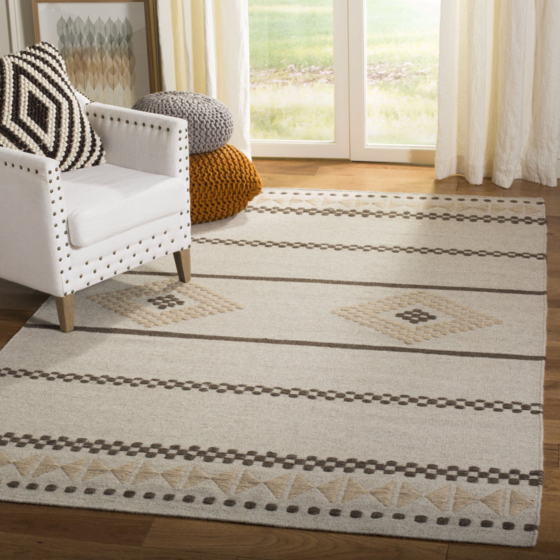 Tapis beige / crème / taupe en laine tissé à plat à la main, Rectangle de 5 pi x 8 pi