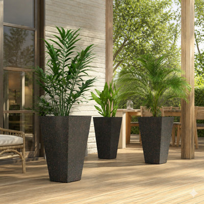 Set of 3 28" Tall Planters, Stackable Tapered Plastic Flower Pots with Marble Finish and Drainage Holes for Indoor Outdoor Plants Front Porch Decor