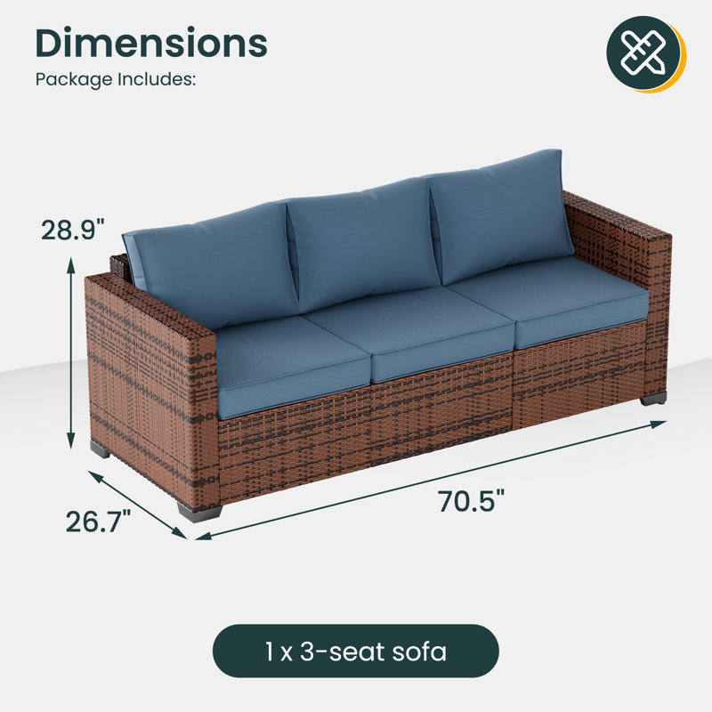 Canapé de patio 70 po de large avec coussins 70 po, Bleu, Brown