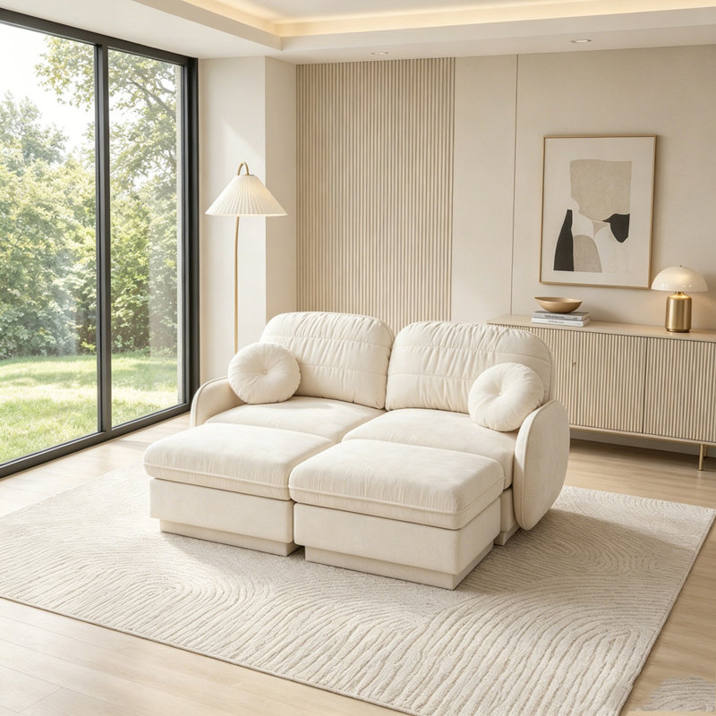 Canapé en chenille Cloud, siège profond avec repose-pieds mobile, Cream Beige+2seat+2Ottman
