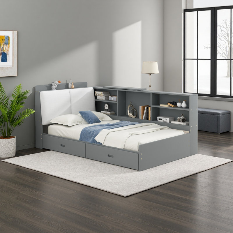 Lit plateforme en bois avec tête de lit avec rangement, tablettes et 2 tiroirs, Gris